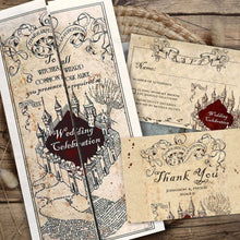 Load image into Gallery viewer, koragarro harry potter wedding invitation template editable hogwarts wedding invites wizard and witches celebration Marauders Map potterhead party invites thank you card rsvp wizard bride-to-be party ideas