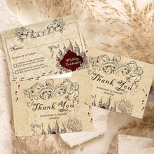 Load image into Gallery viewer, koragarro harry potter wedding invitation template editable hogwarts wedding invites wizard and witches celebration Marauders Map potterhead party invites thank you card rsvp wizard bride-to-be party ideas