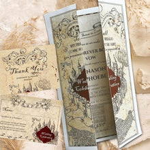 Load image into Gallery viewer, koragarro harry potter wedding invitation template editable hogwarts wedding invites wizard and witches celebration Marauders Map potterhead party invites thank you card rsvp wizard bride-to-be party ideas