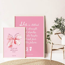 Load image into Gallery viewer, koragarro Pink Printable Room Décor Bible Verse Wall Art Christian Girl Gift Coquette Pink Bow Dorm Poster Proverbs 31 Nursery Décor Instant Download